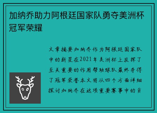 加纳乔助力阿根廷国家队勇夺美洲杯冠军荣耀 加纳乔助力阿根廷国家队勇夺美洲杯冠军荣耀